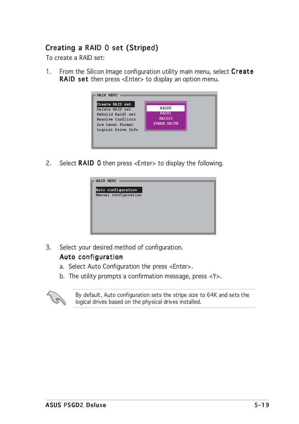 Creating a raid 0 set (striped) | Asus P5GD2 Deluxe User Manual | Page 131 / 150