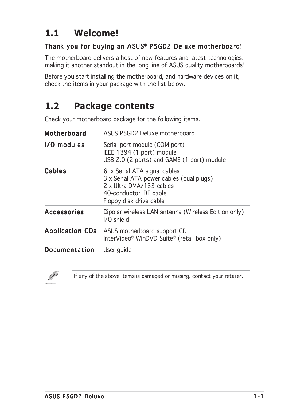 1 welcome, 2 package contents | Asus P5GD2 Deluxe User Manual | Page 17 / 150