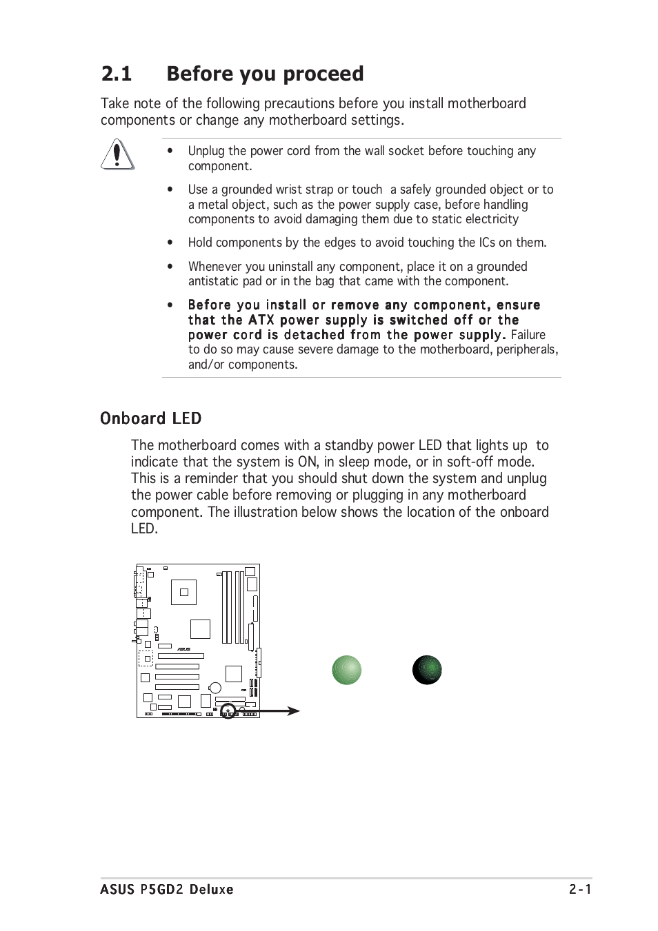 1 before you proceed, Onboard led | Asus P5GD2 Deluxe User Manual | Page 25 / 150