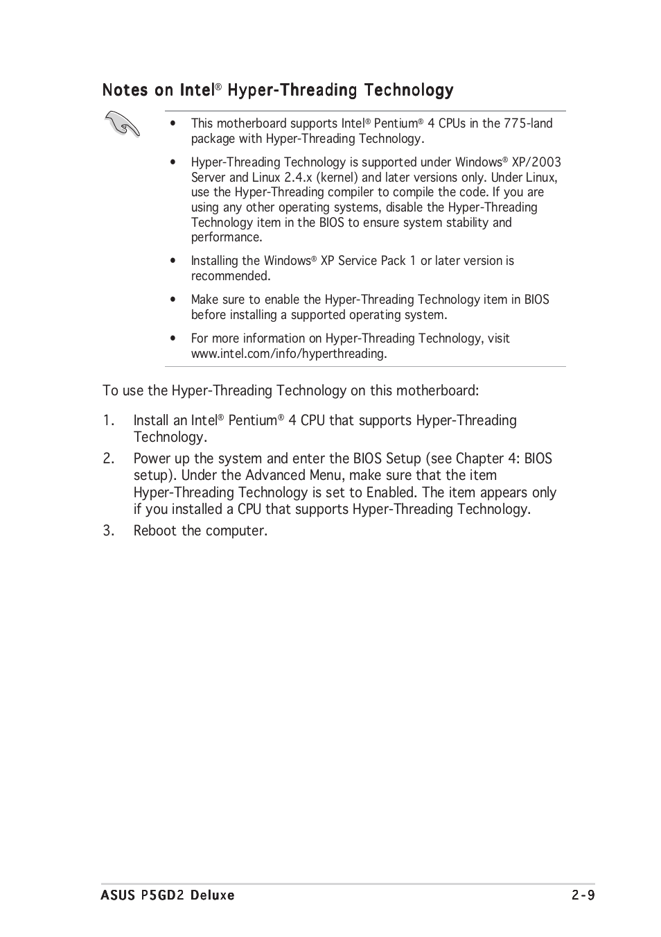 Hyper-threading technology | Asus P5GD2 Deluxe User Manual | Page 33 / 150