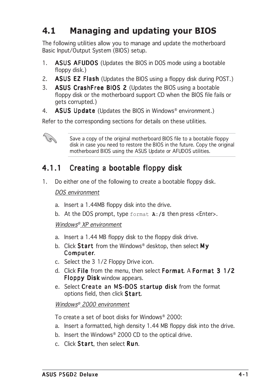 1 managing and updating your bios | Asus P5GD2 Deluxe User Manual | Page 71 / 150