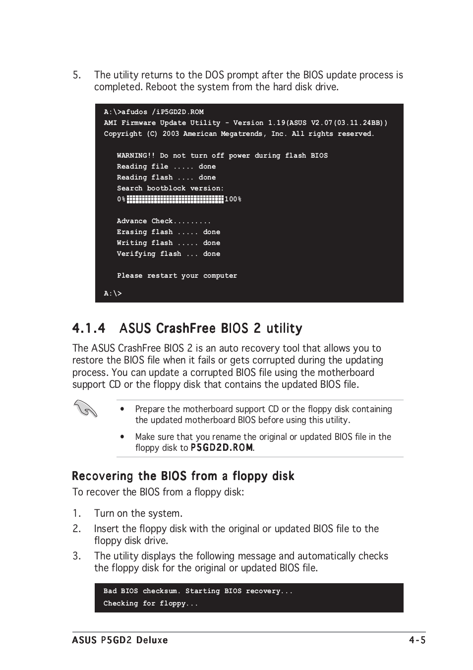 Recovering the bios from a floppy disk | Asus P5GD2 Deluxe User Manual | Page 75 / 150