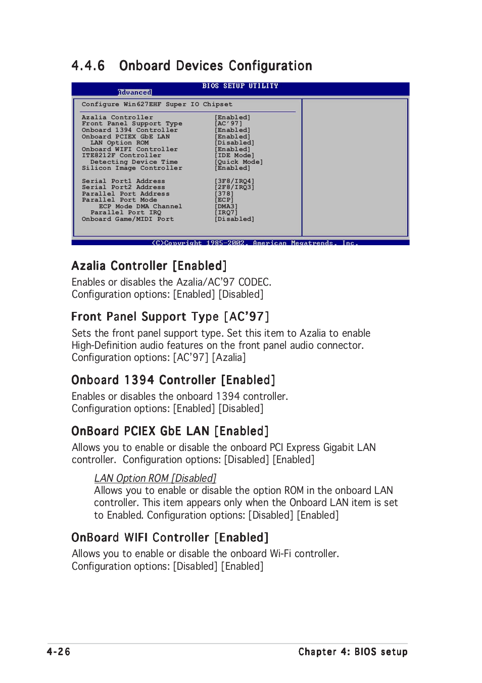 Azalia controller [enabled, Front panel support type [ac’97, Onboard 1394 controller [enabled | Onboard pciex gbe lan [enabled, Onboard wifi controller [enabled | Asus P5GD2 Deluxe User Manual | Page 96 / 150