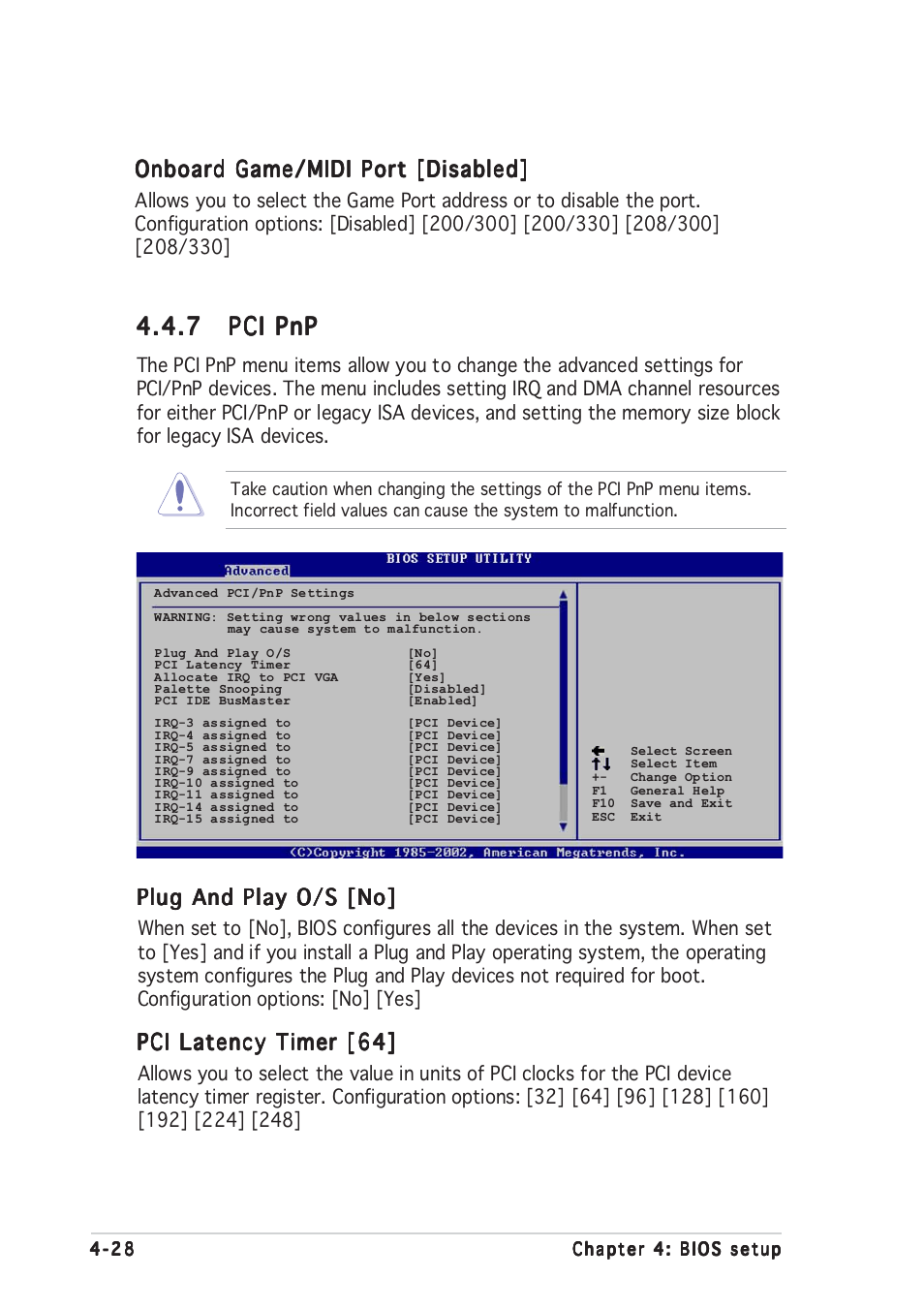 7 pci pnp pci pnp pci pnp pci pnp pci pnp, Plug and play o/s [no, Pci latency timer [64 | Onboard game/midi port [disabled | Asus P5GD2 Deluxe User Manual | Page 98 / 150