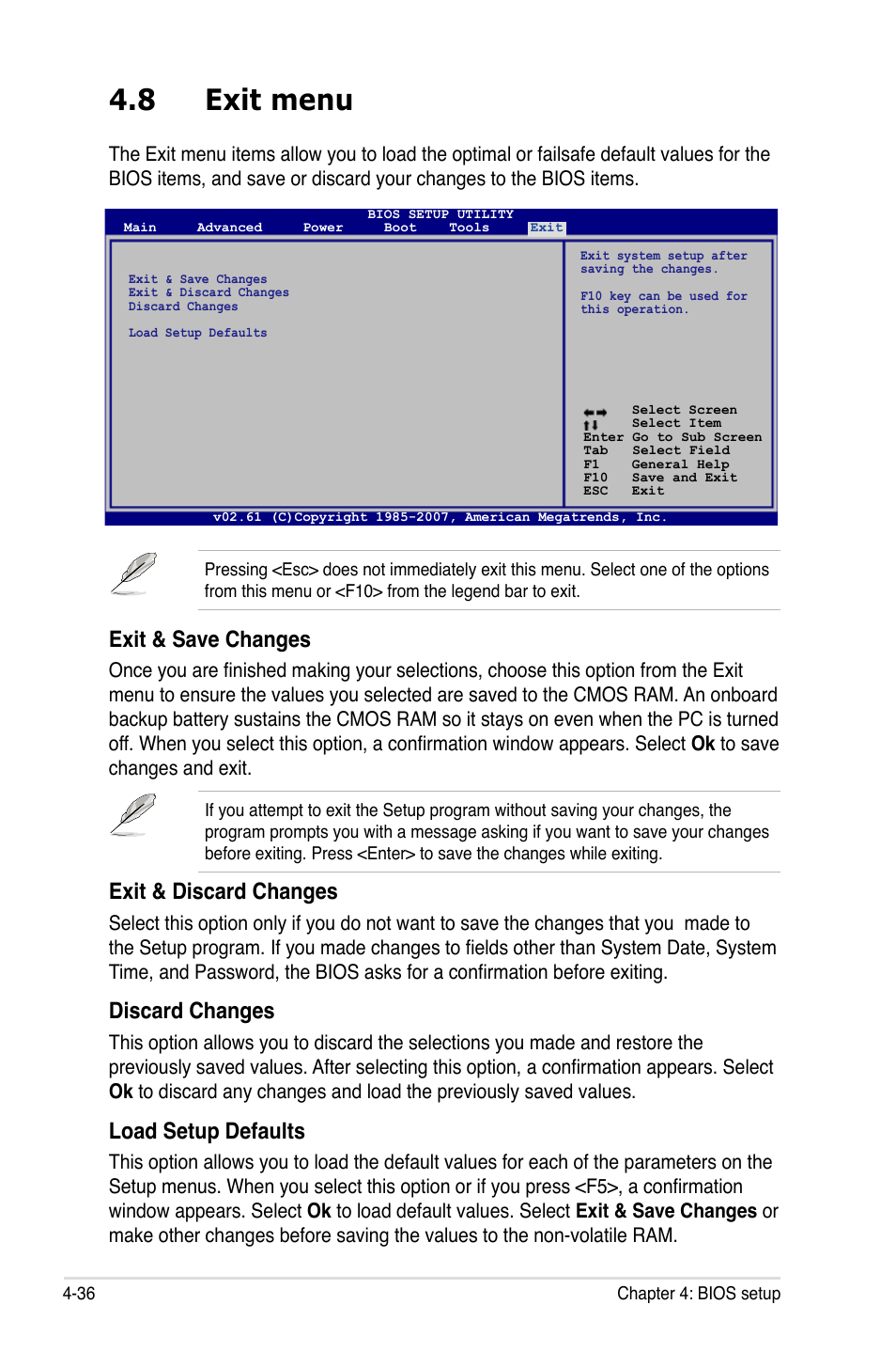 8 exit menu, Exit & save changes, Exit & discard changes | Discard changes, Load setup defaults | Asus P5K/EPU User Manual | Page 100 / 148