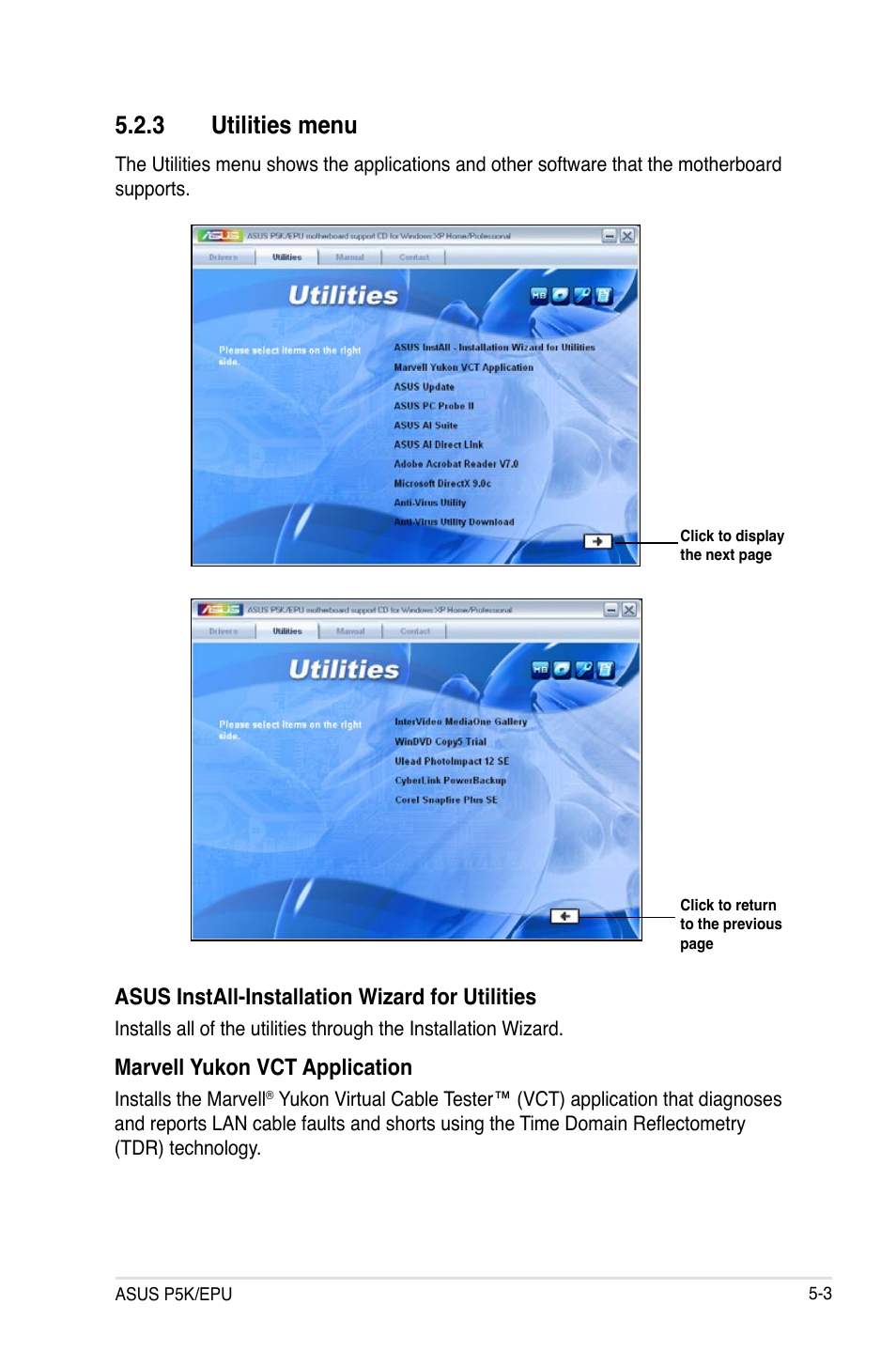 3 utilities menu, Asus install-installation wizard for utilities, Marvell yukon vct application | Asus P5K/EPU User Manual | Page 105 / 148