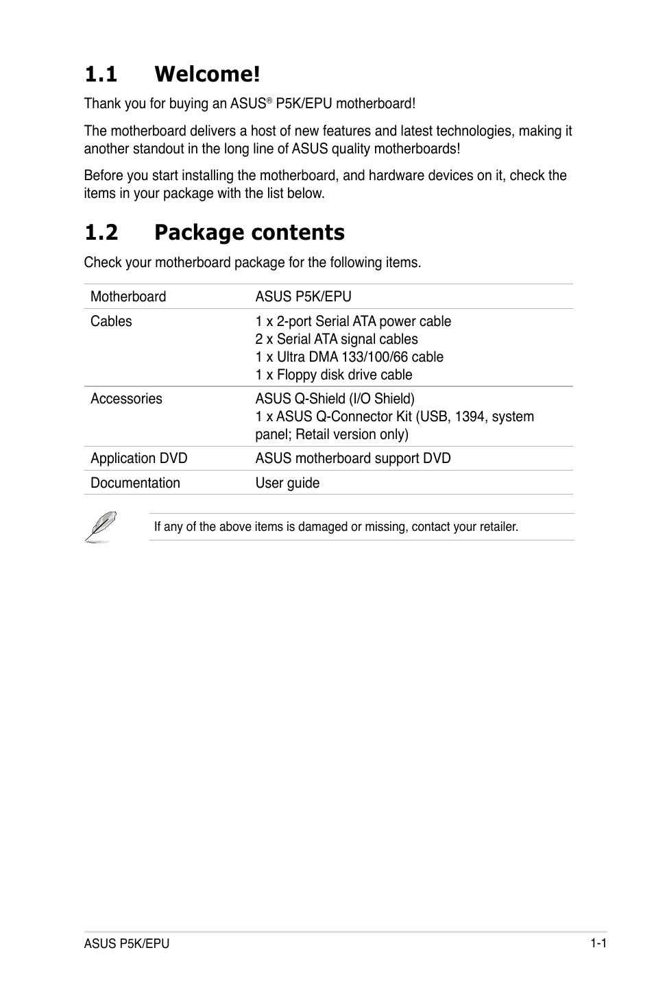 1 welcome, 2 package contents | Asus P5K/EPU User Manual | Page 17 / 148