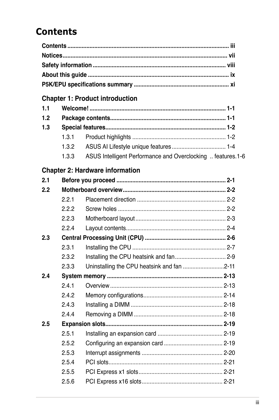 Asus P5K/EPU User Manual | Page 3 / 148