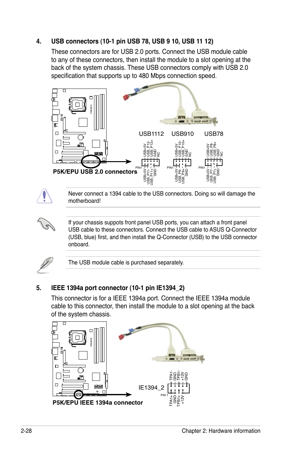 28 chapter 2: hardware information, P5k/epu usb 2.0 connectors, Usb1112 | Usb910 | Asus P5K/EPU User Manual | Page 52 / 148