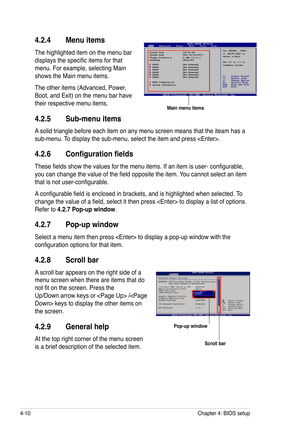 4 menu items, 5 sub-menu items, 6 configuration fields | 7 pop-up window, 8 scroll bar, 9 general help | Asus P5K/EPU User Manual | Page 74 / 148