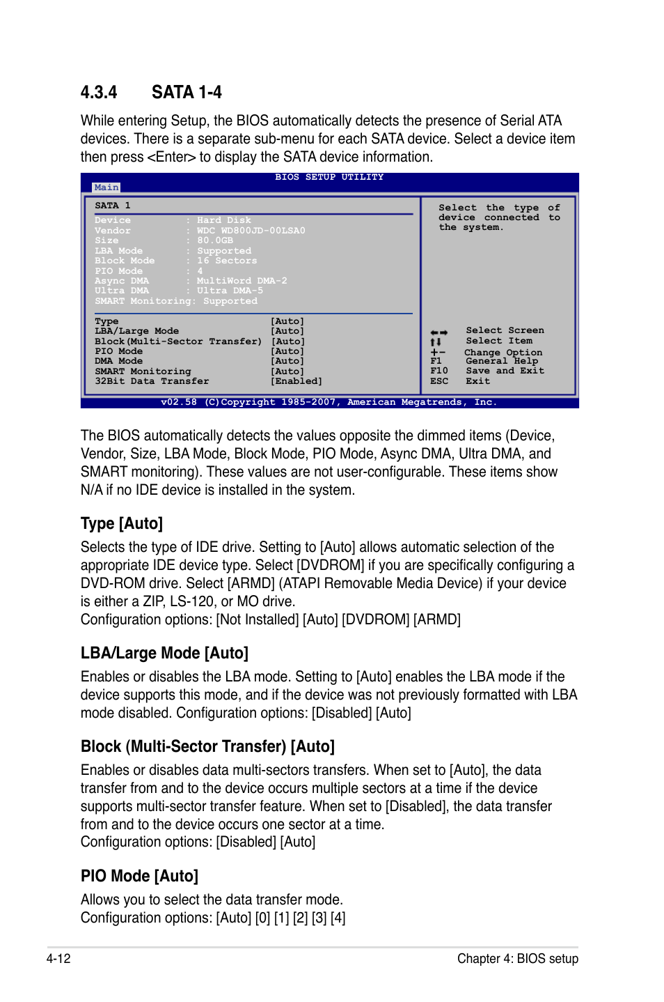 4 sata 1-4, Type [auto, Lba/large mode [auto | Block (multi-sector transfer) [auto, Pio mode [auto | Asus P5K/EPU User Manual | Page 76 / 148