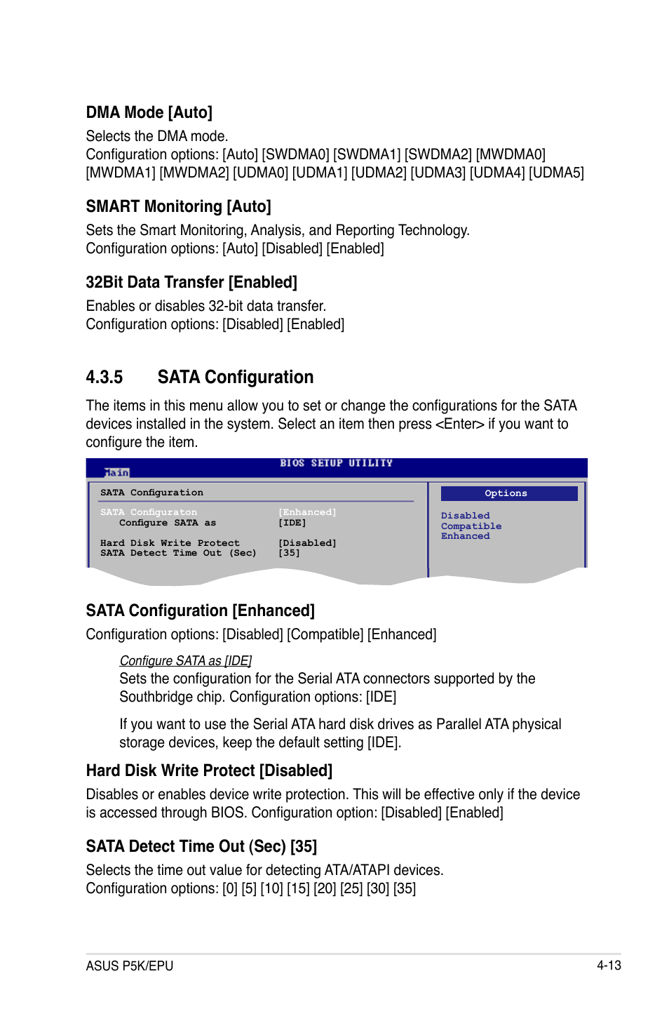 5 sata configuration, Dma mode [auto, Smart monitoring [auto | 32bit data transfer [enabled, Sata configuration [enhanced, Hard disk write protect [disabled, Sata detect time out (sec) [35 | Asus P5K/EPU User Manual | Page 77 / 148