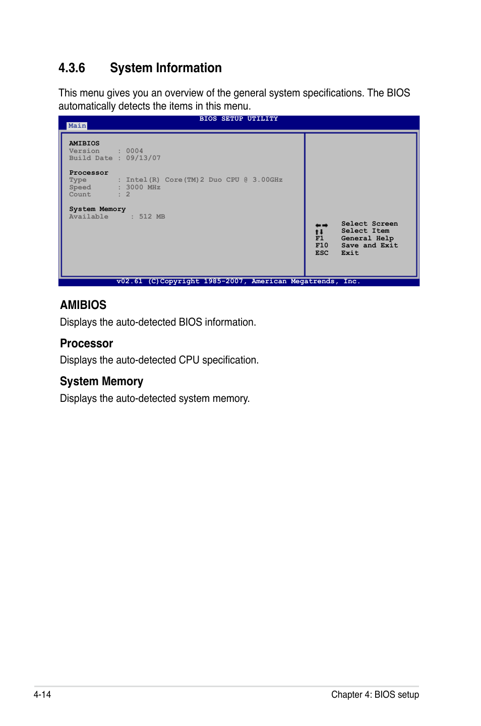 6 system information, Amibios, Processor | Displays the auto-detected bios information, Displays the auto-detected cpu specification | Asus P5K/EPU User Manual | Page 78 / 148