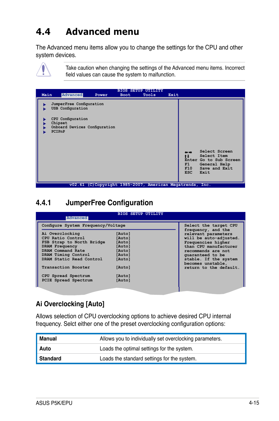 4 advanced menu, 1 jumperfree configuration, Ai overclocking [auto | Asus P5K/EPU User Manual | Page 79 / 148