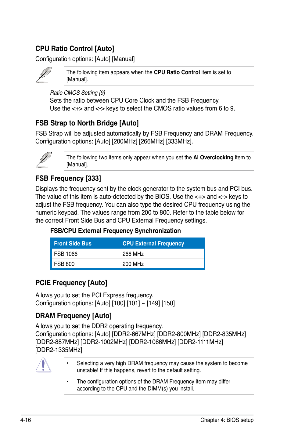 Cpu ratio control [auto, Fsb strap to north bridge [auto, Fsb frequency [333 | Pcie frequency [auto, Dram frequency [auto | Asus P5K/EPU User Manual | Page 80 / 148