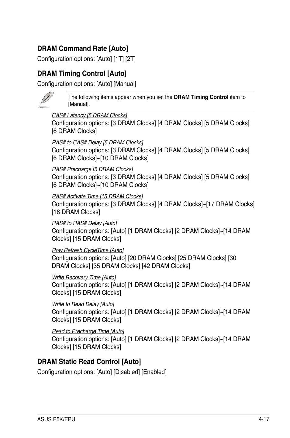 Dram command rate [auto, Dram timing control [auto, Dram static read control [auto | Asus P5K/EPU User Manual | Page 81 / 148