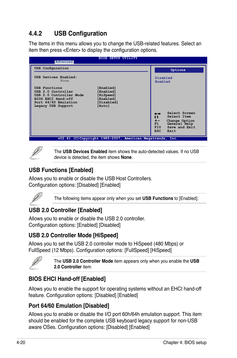 2 usb configuration, Usb 2.0 controller [enabled, Usb functions [enabled | Usb 2.0 controller mode [hispeed, Bios ehci hand-off [enabled, Port 64/60 emulation [disabled | Asus P5K/EPU User Manual | Page 84 / 148