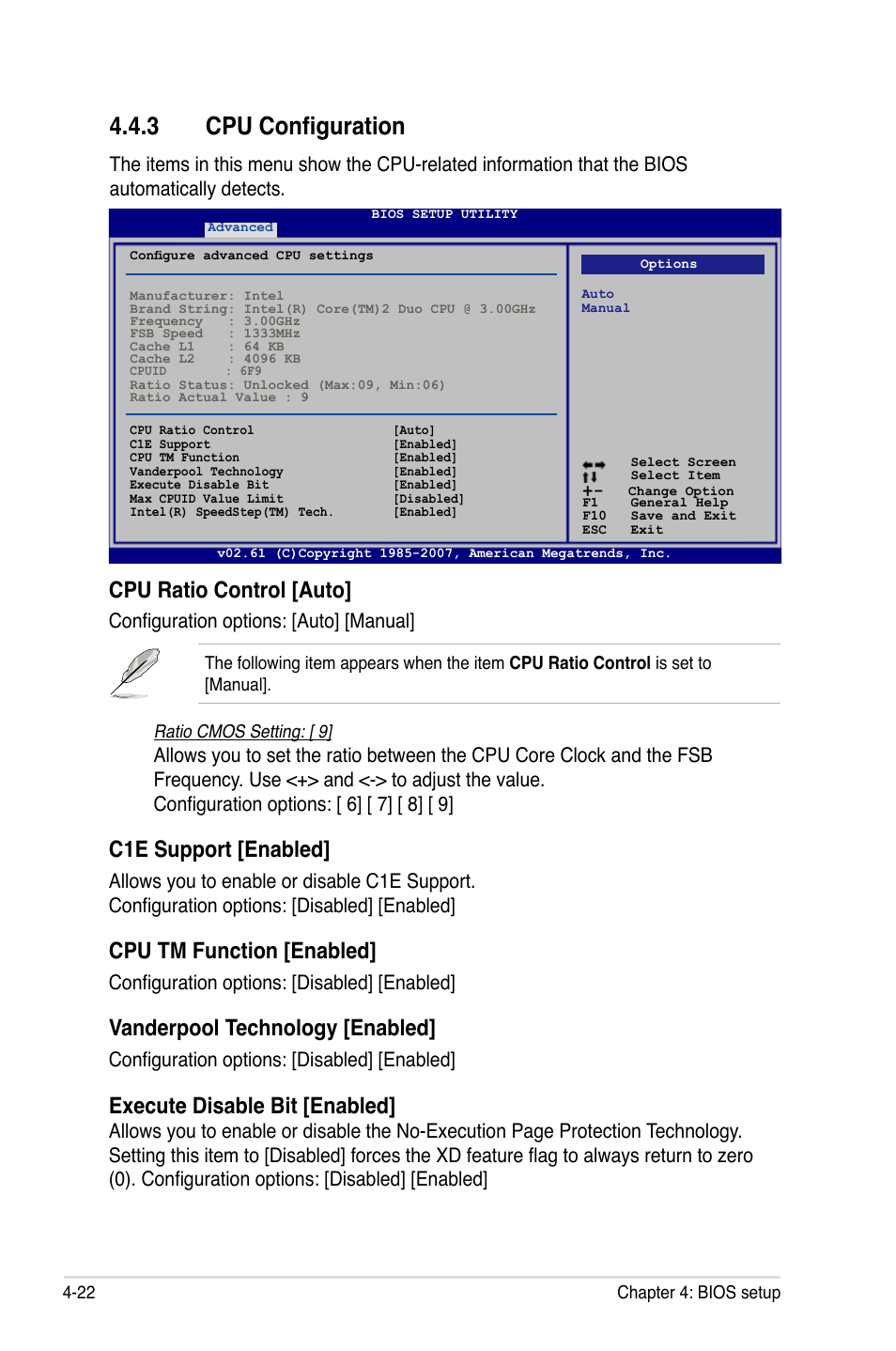 3 cpu configuration, Cpu ratio control [auto, C1e support [enabled | Cpu tm function [enabled, Vanderpool technology [enabled, Execute disable bit [enabled, Configuration options: [auto] [manual, Configuration options: [disabled] [enabled | Asus P5K/EPU User Manual | Page 86 / 148