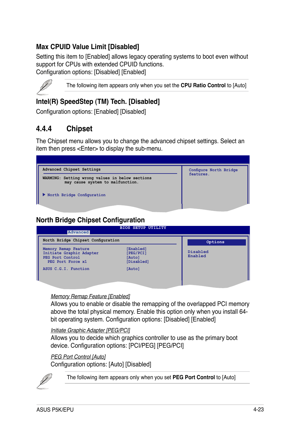 4 chipset, North bridge chipset configuration, Max cpuid value limit [disabled | Intel(r) speedstep (tm) tech. [disabled, Configuration options: [auto] [disabled, Configuration options: [enabled] [disabled | Asus P5K/EPU User Manual | Page 87 / 148