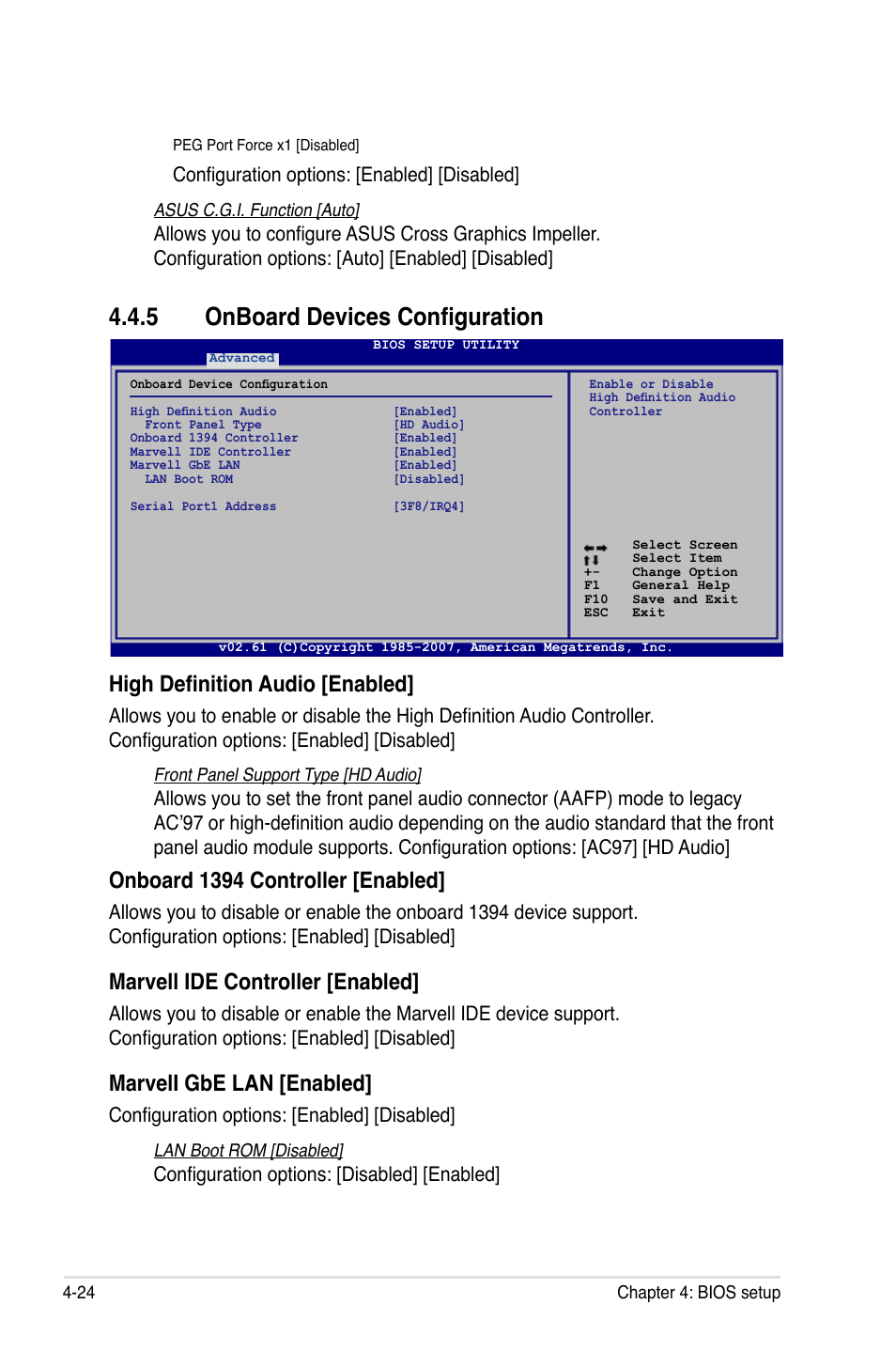 5 onboard devices configuration, High definition audio [enabled, Onboard 1394 controller [enabled | Marvell ide controller [enabled, Marveli gbe lan [enabled, Configuration options: [enabled] [disabled, Configuration options: [disabled] [enabled | Asus P5K/EPU User Manual | Page 88 / 148