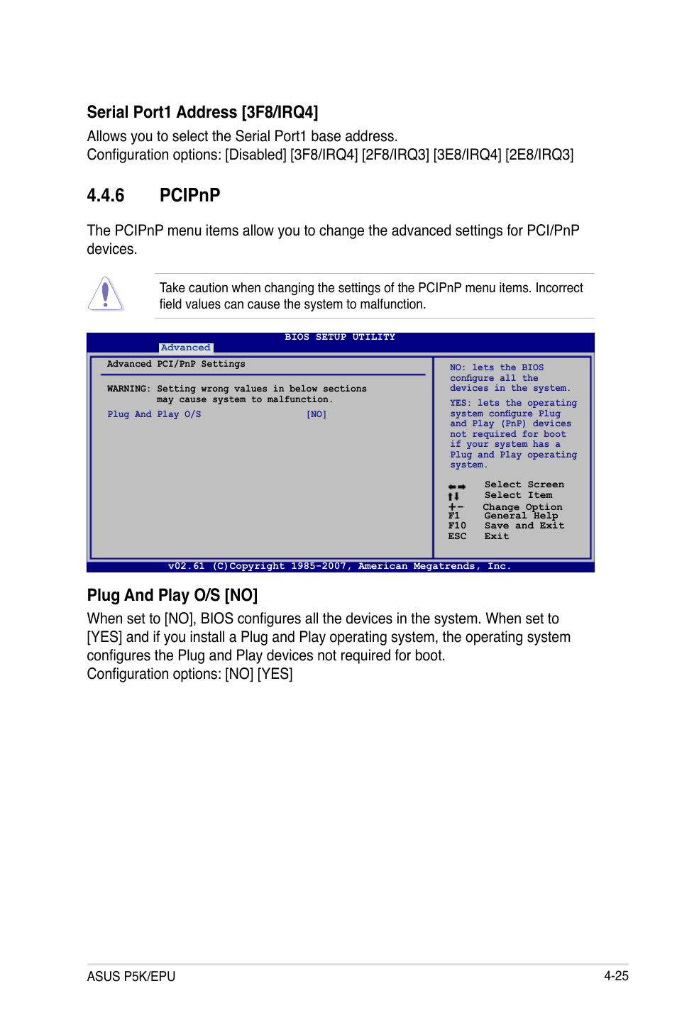 6 pcipnp, Plug and play o/s [no, Serial port1 address [3f8/irq4 | Asus P5K/EPU User Manual | Page 89 / 148