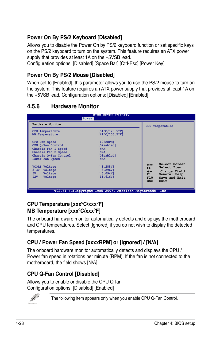 6 hardware monitor, Power on by ps/2 keyboard [disabled, Power on by ps/2 mouse [disabled | Cpu q-fan control [disabled | Asus P5K/EPU User Manual | Page 92 / 148