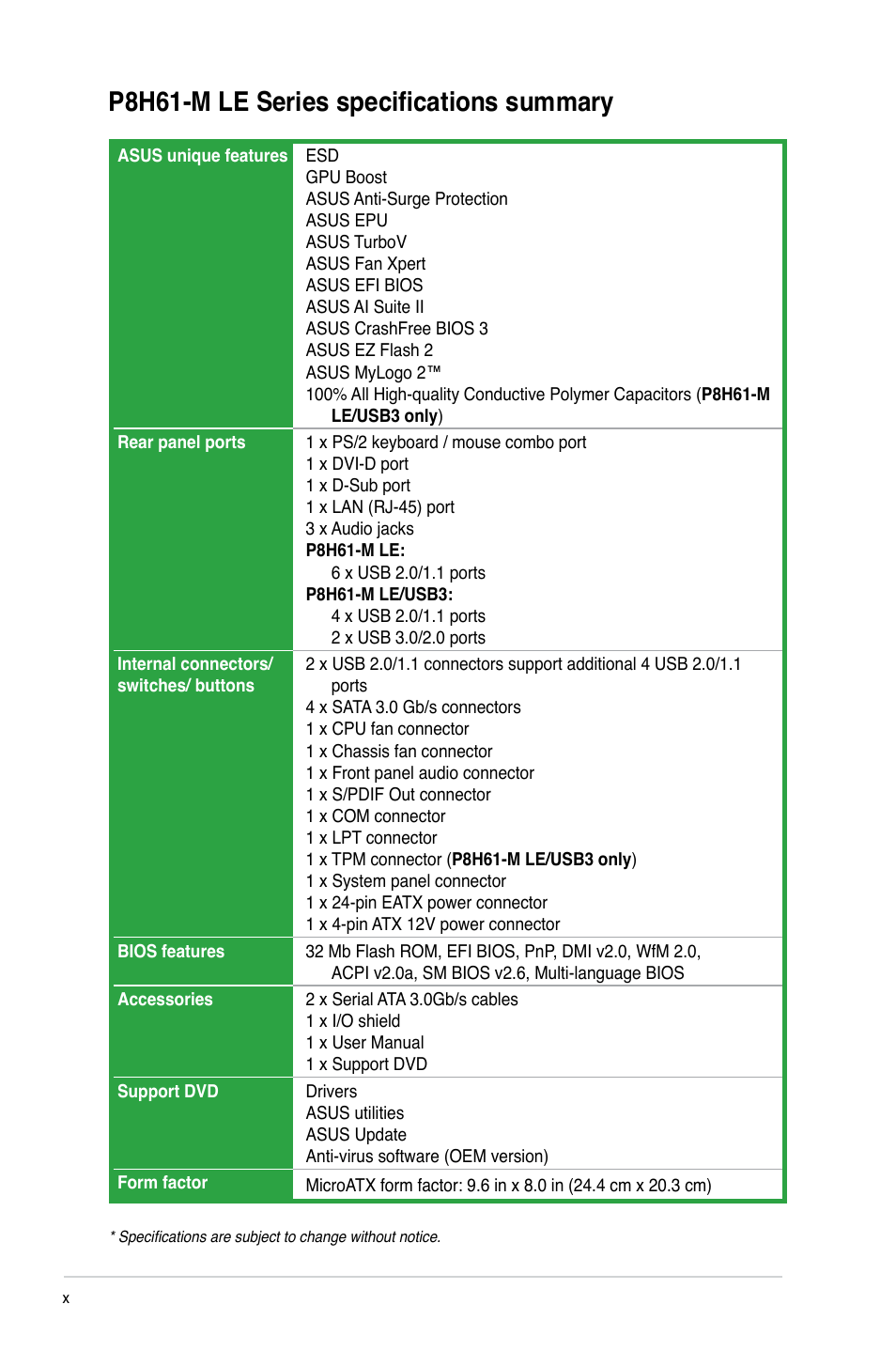 P8h61-m le series specifications summary | Asus P8H61-M LE/USB3 User Manual | Page 10 / 68