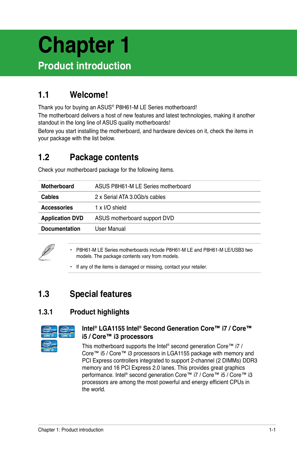 Chapter 1, Product introduction, 1 welcome | 2 package contents, 3 special features, 1 product highlights, Welcome! -1, Package contents -1, Special features -1 1.3.1, Product highlights -1 | Asus P8H61-M LE/USB3 User Manual | Page 11 / 68