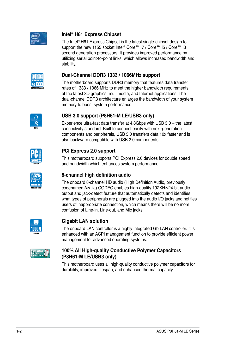 Asus P8H61-M LE/USB3 User Manual | Page 12 / 68