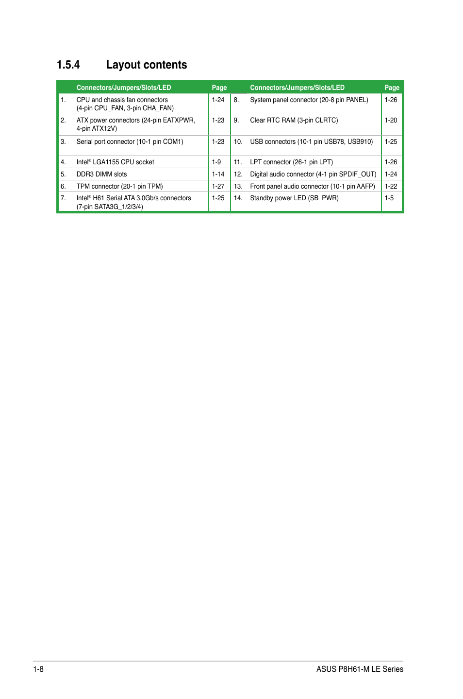 4 layout contents, Layout contents -8 | Asus P8H61-M LE/USB3 User Manual | Page 18 / 68