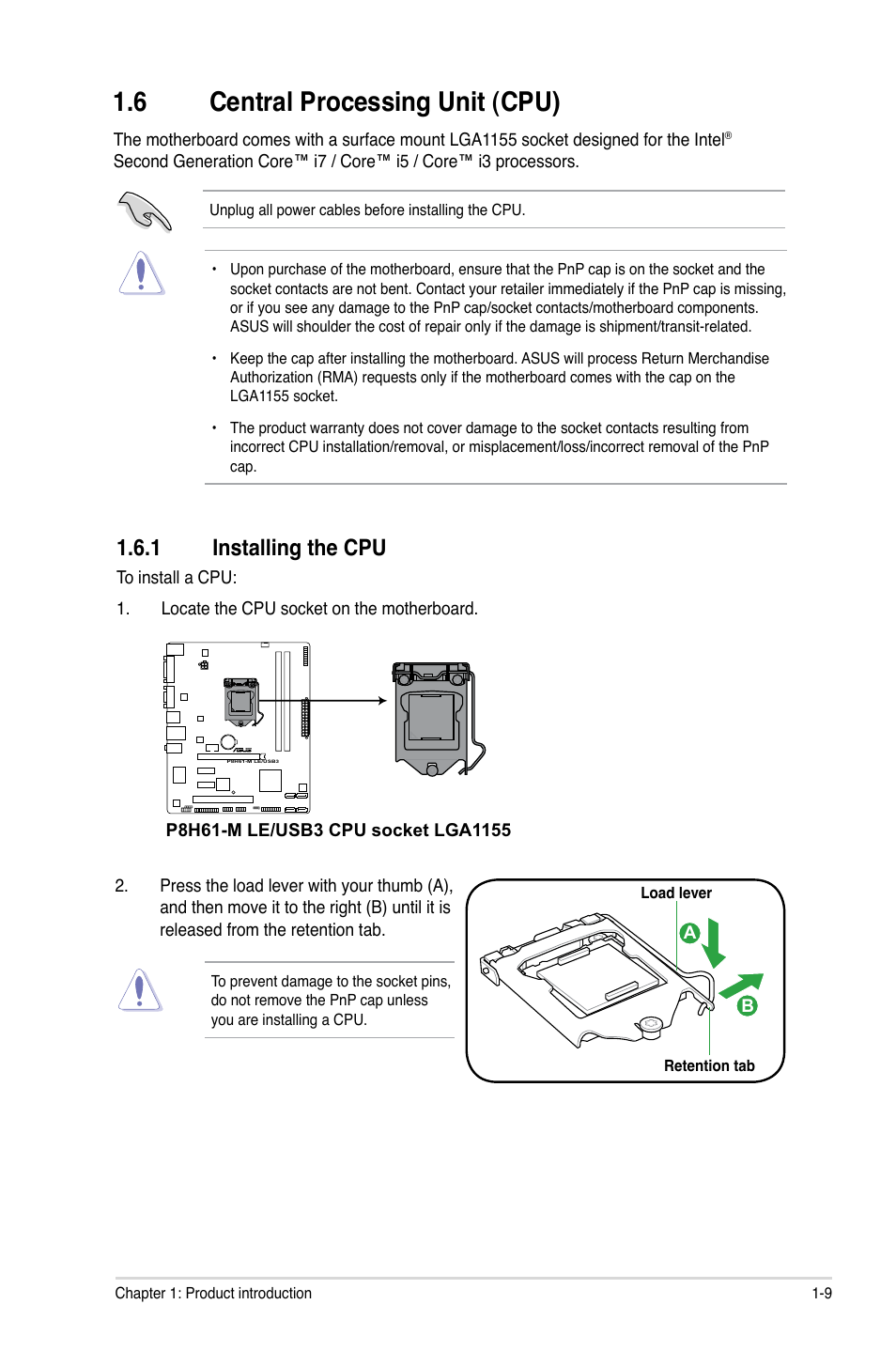 6 central processing unit (cpu), 1 installing the cpu, Central processing unit (cpu) -9 1.6.1 | Installing the cpu -9 | Asus P8H61-M LE/USB3 User Manual | Page 19 / 68