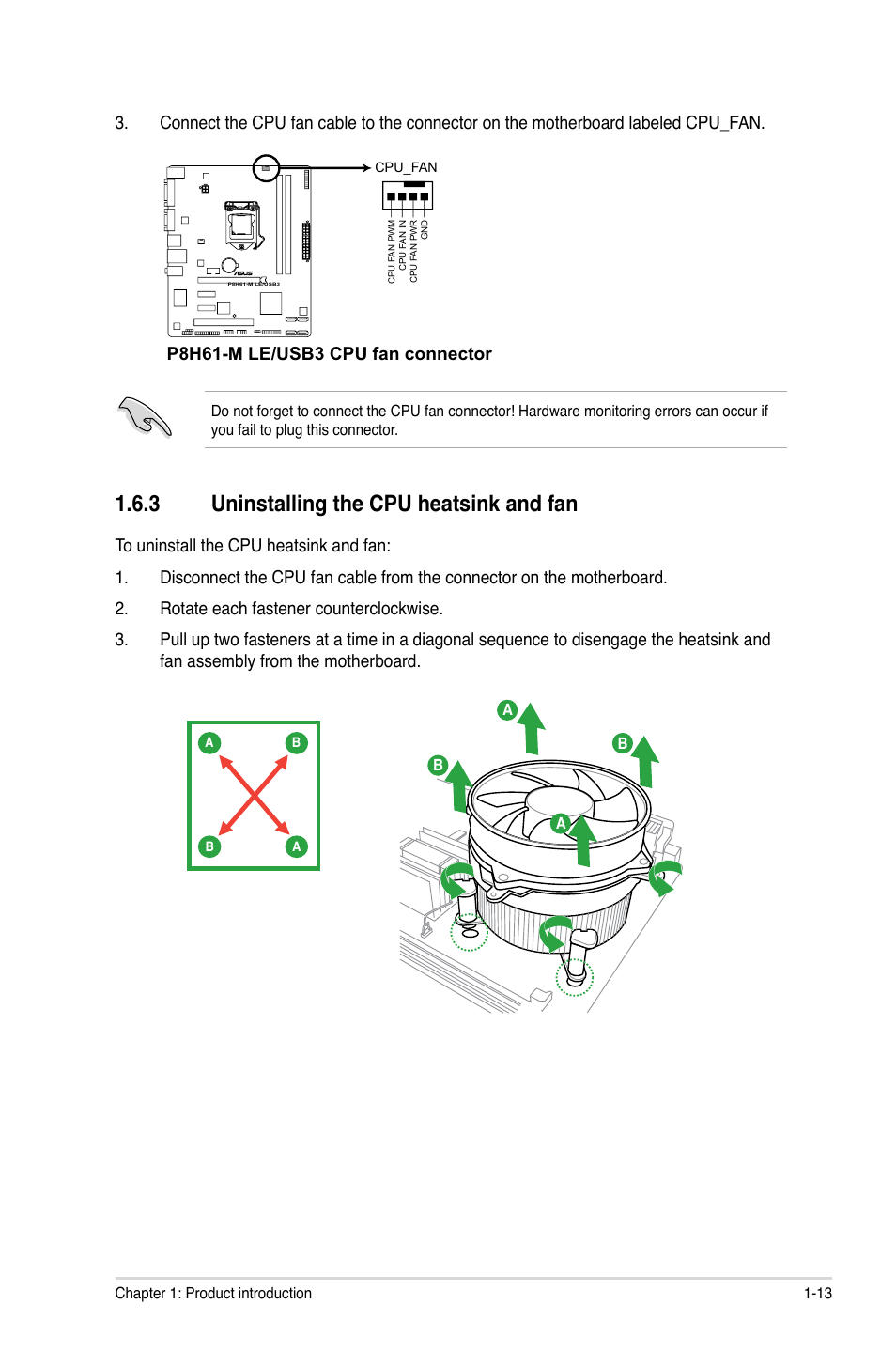 3 uninstalling the cpu heatsink and fan, Uninstalling the cpu heatsink and fan -13, P8h61-m le/usb3 cpu fan connector | Asus P8H61-M LE/USB3 User Manual | Page 23 / 68