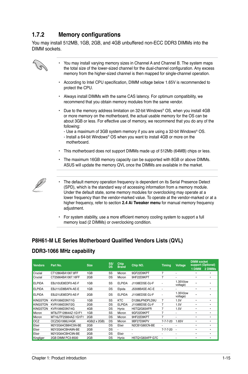 2 memory configurations, Memory configurations -15 | Asus P8H61-M LE/USB3 User Manual | Page 25 / 68