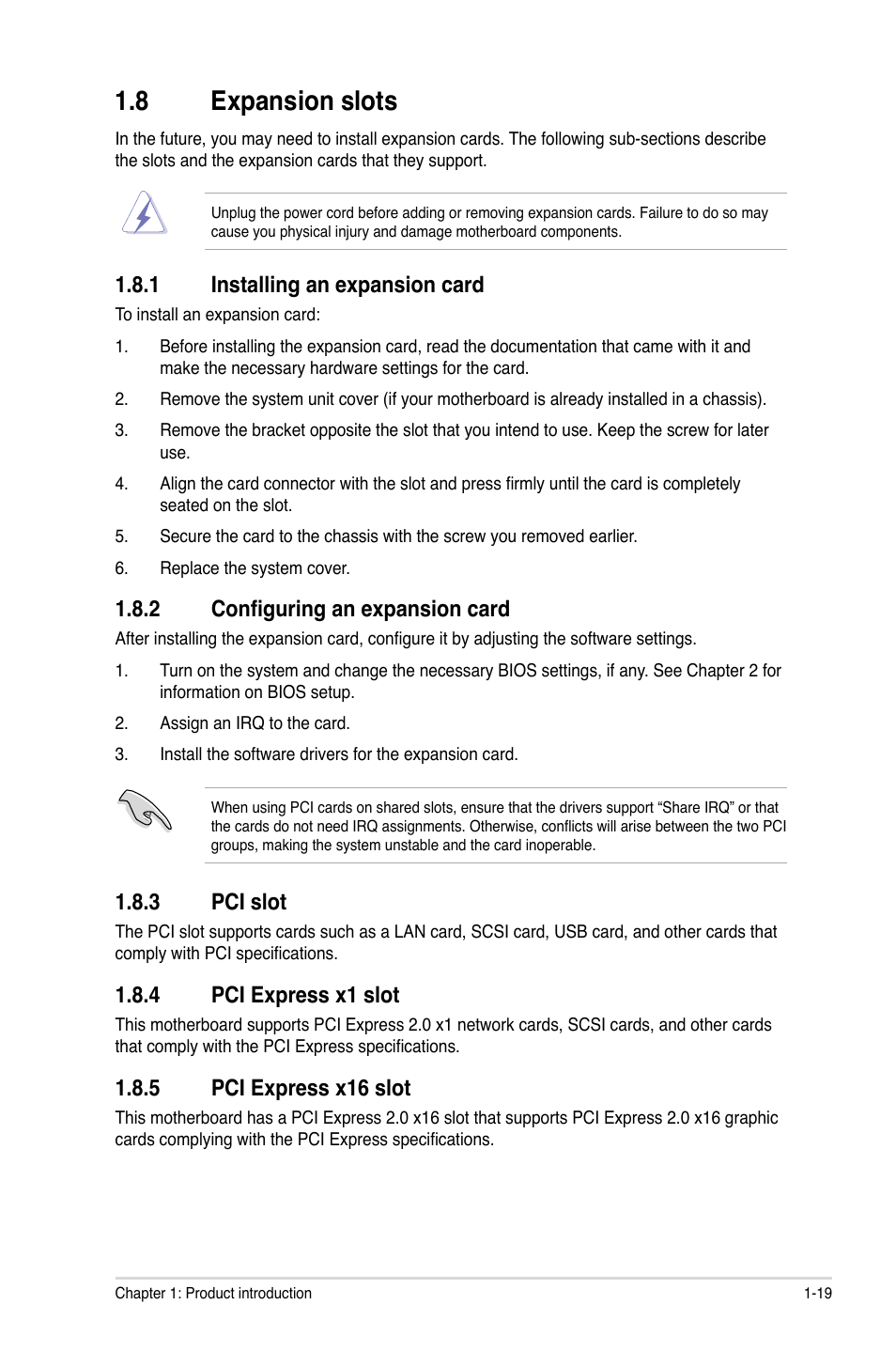 8 expansion slots, 1 installing an expansion card, 2 configuring an expansion card | 3 pci slot, 4 pci express x1 slot, 5 pci express x16 slot, Expansion slots -19 1.8.1, Installing an expansion card -19, Configuring an expansion card -19, Pci slot -19 | Asus P8H61-M LE/USB3 User Manual | Page 29 / 68