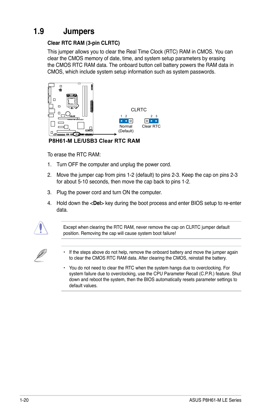 9 jumpers, Jumpers -20 | Asus P8H61-M LE/USB3 User Manual | Page 30 / 68