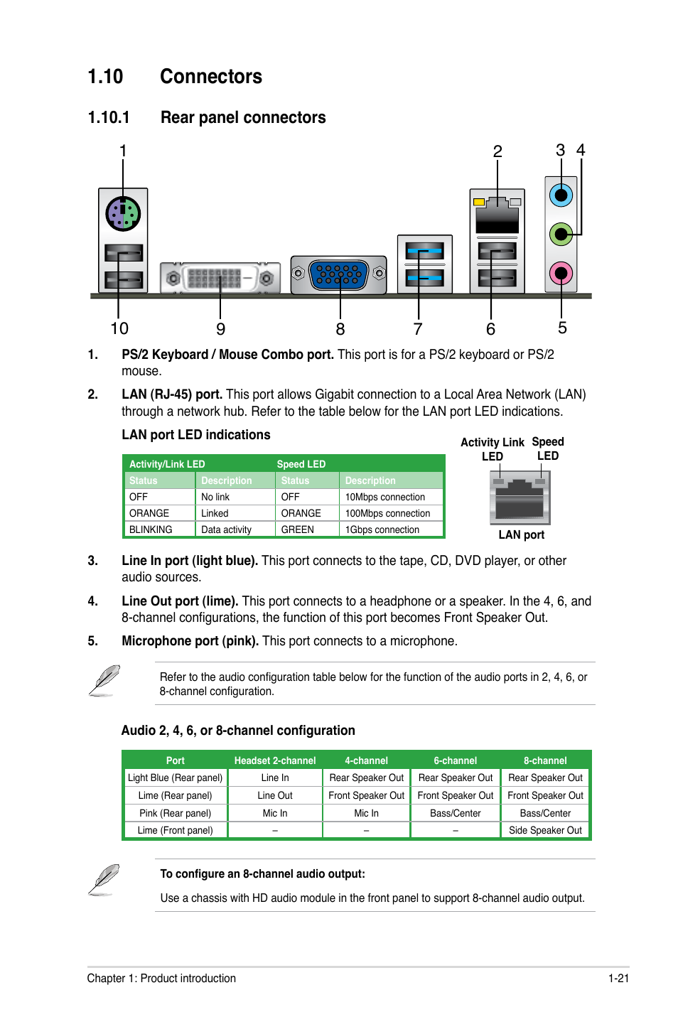 10 connectors, 1 rear panel connectors, 10 connectors -21 | 1 rear panel connectors -21 | Asus P8H61-M LE/USB3 User Manual | Page 31 / 68