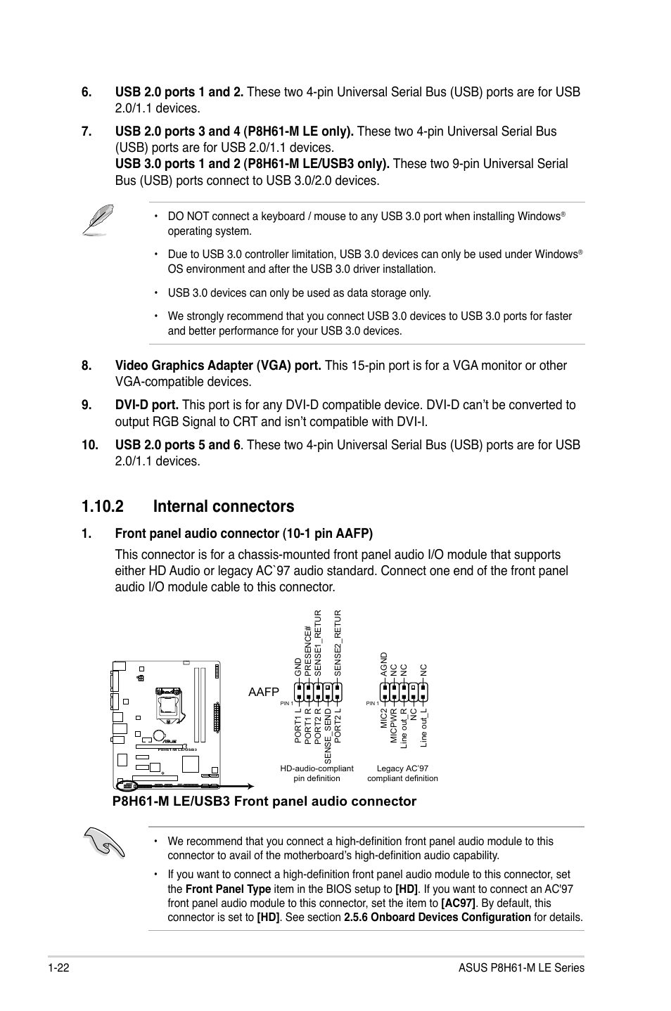 2 internal connectors, 2 internal connectors -22, P8h61-m le/usb3 front panel audio connector | Asus P8H61-M LE/USB3 User Manual | Page 32 / 68