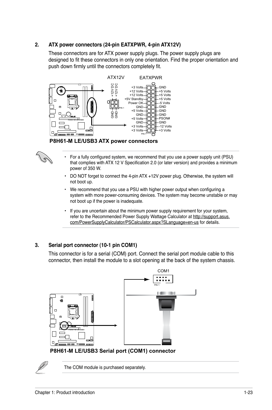 P8h61-m le/usb3 atx power connectors | Asus P8H61-M LE/USB3 User Manual | Page 33 / 68