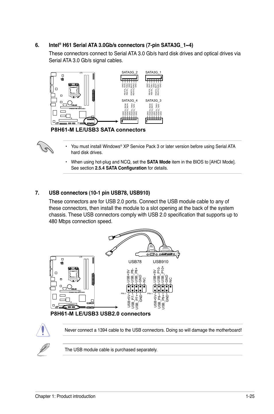 Intel, P8h61-m le/usb3 sata connectors, 25 chapter 1: product introduction | You must install windows, Usb910, Usb78 | Asus P8H61-M LE/USB3 User Manual | Page 35 / 68