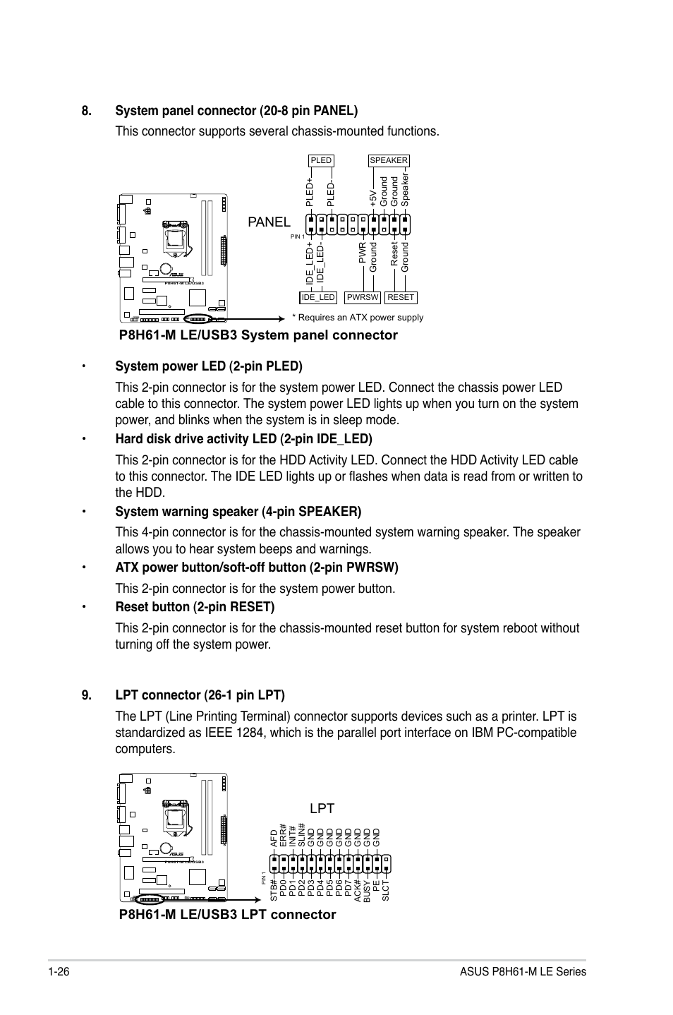 P8h61-m le/usb3 system panel connector, Panel, P8h61-m le/usb3 lpt connector | Asus P8H61-M LE/USB3 User Manual | Page 36 / 68