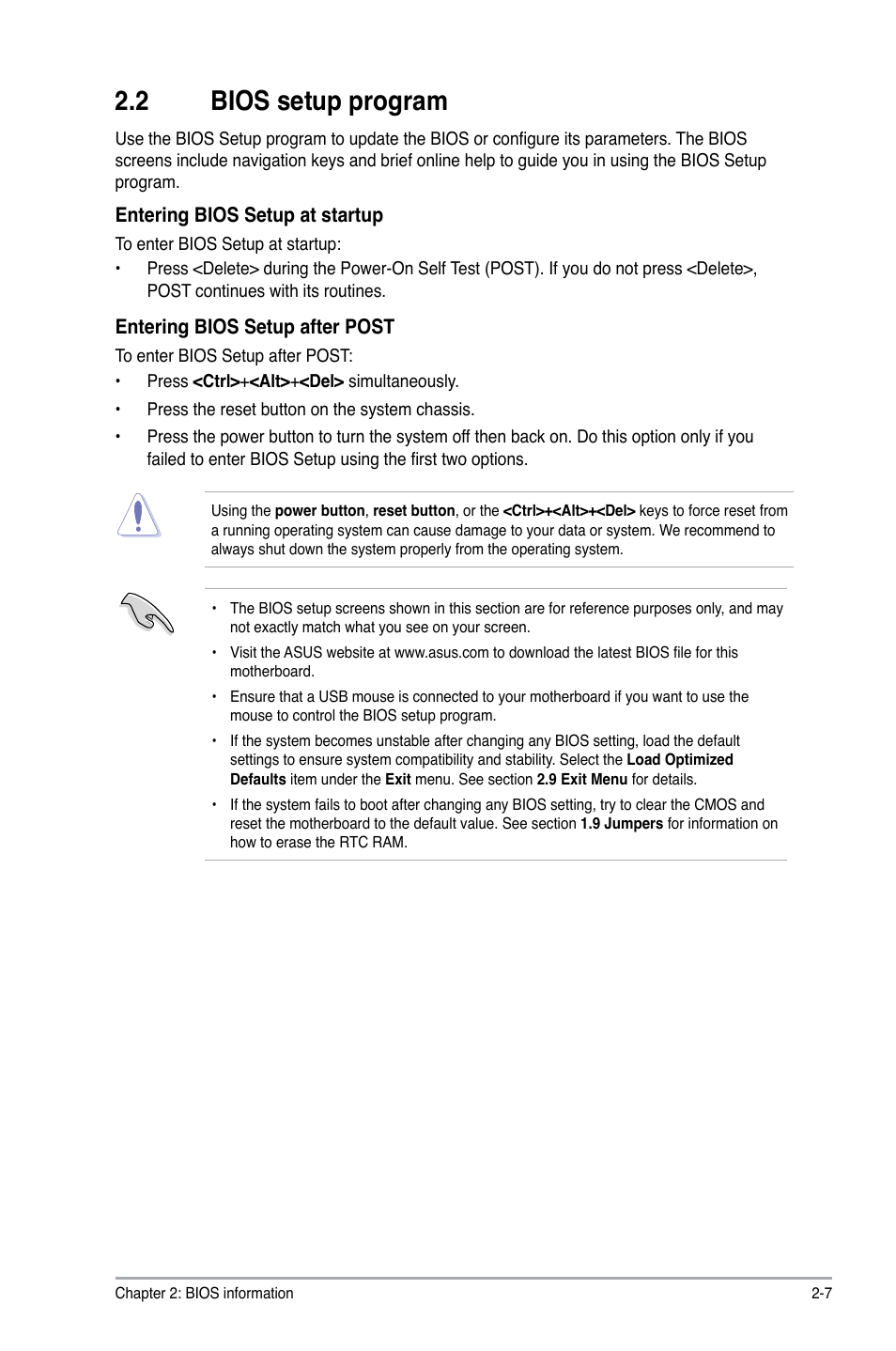 2 bios setup program, Bios setup program -7 | Asus P8H61-M LE/USB3 User Manual | Page 45 / 68