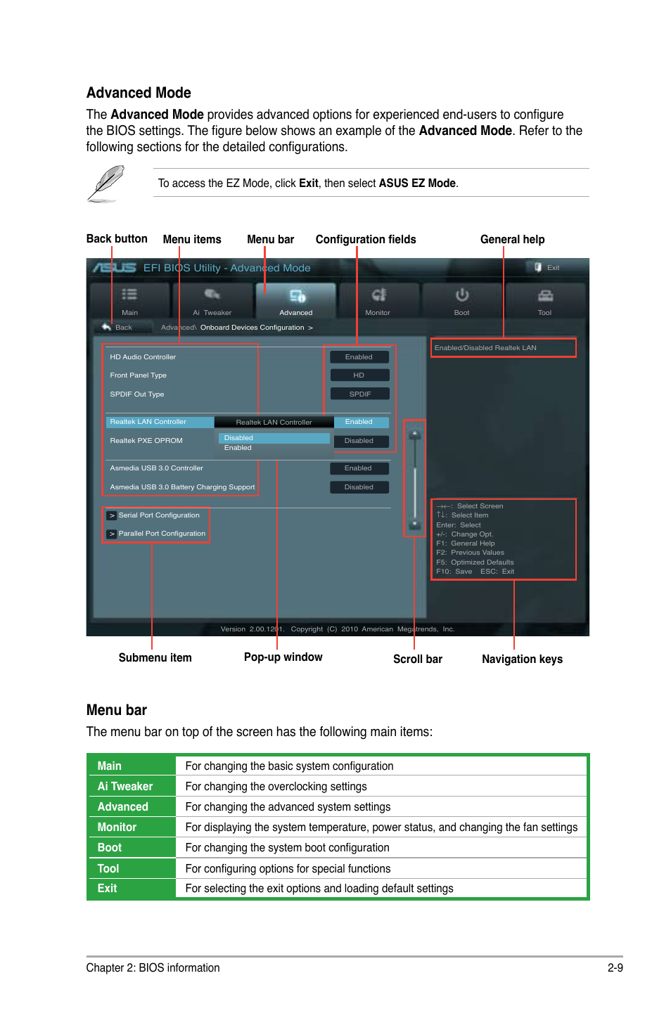 Advanced mode, Menu bar, Chapter 2: bios information 2-9 | Asus P8H61-M LE/USB3 User Manual | Page 47 / 68