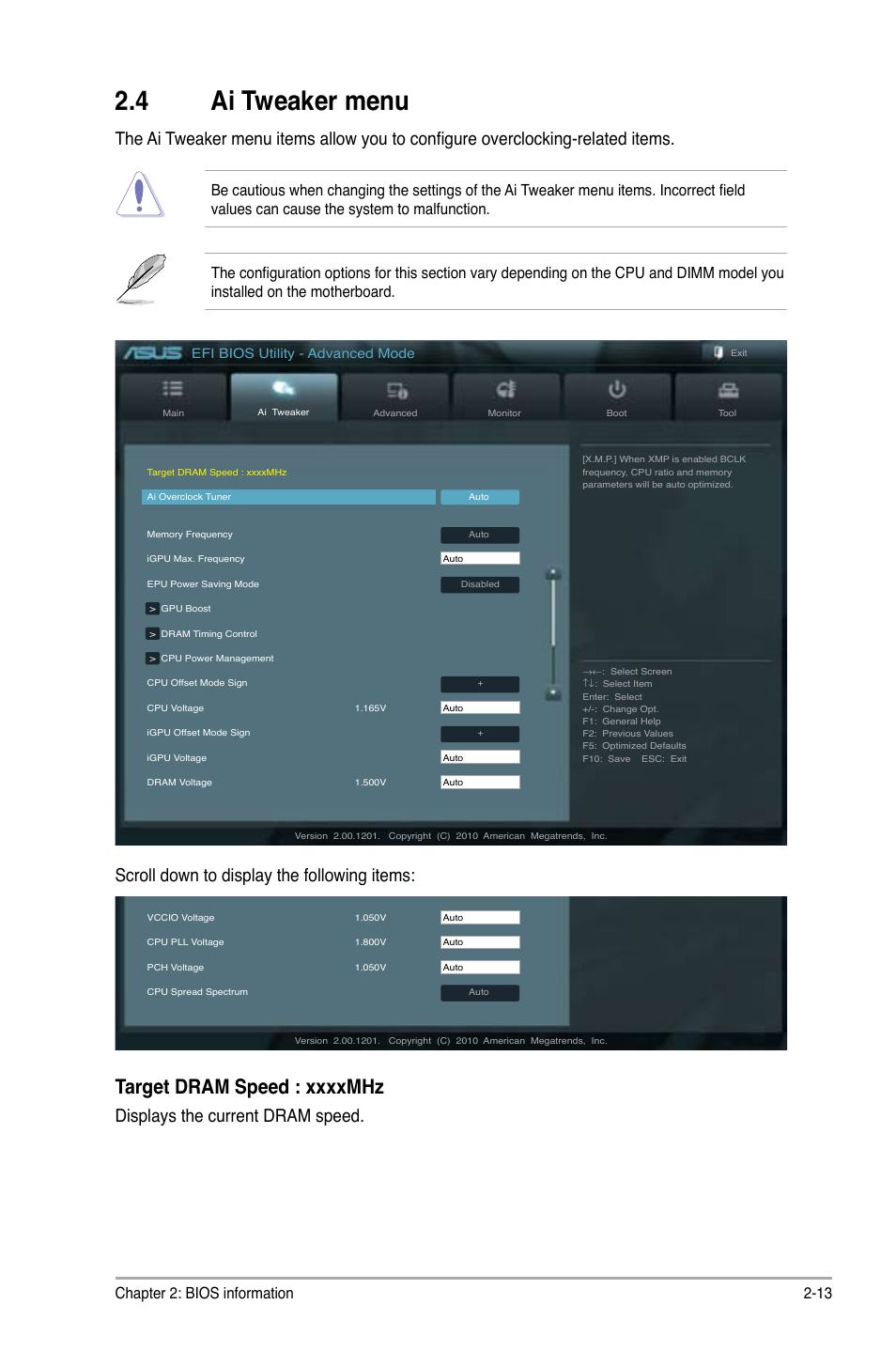 4 ai tweaker menu, Ai tweaker menu -13, Scroll down to display the following items | Displays the current dram speed, Chapter 2: bios information 2-13, Efi bios utility - advanced mode | Asus P8H61-M LE/USB3 User Manual | Page 51 / 68