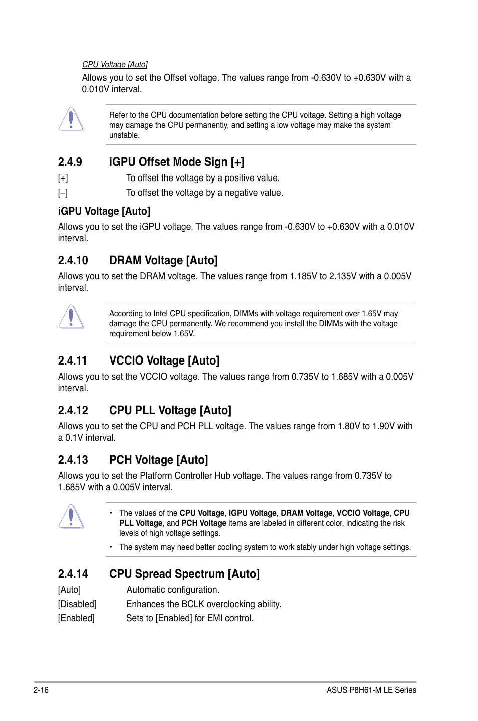 9 igpu offset mode sign, 10 dram voltage [auto, 11 vccio voltage [auto | 12 cpu pll voltage [auto, 13 pch voltage [auto, 14 cpu spread spectrum [auto, Igpu offset mode sign -16 | Asus P8H61-M LE/USB3 User Manual | Page 54 / 68