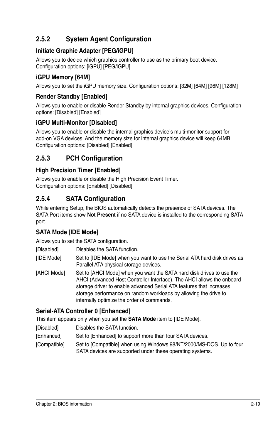 2 system agent configuration, 3 pch configuration, 4 sata configuration | System agent configuration -19, Pch configuration -19, Sata configuration -19 | Asus P8H61-M LE/USB3 User Manual | Page 57 / 68