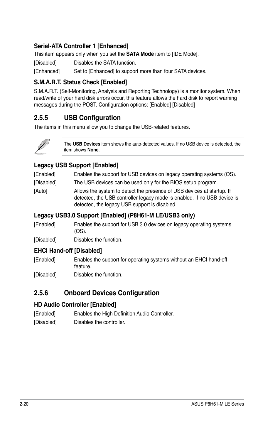 5 usb configuration, 6 onboard devices configuration, Usb configuration -20 | Onboard devices configuration -20 | Asus P8H61-M LE/USB3 User Manual | Page 58 / 68