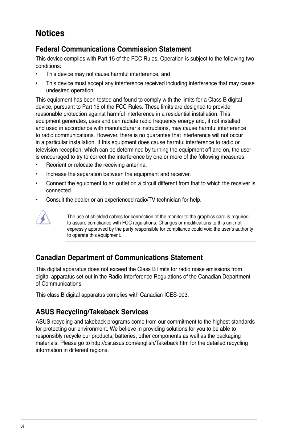 Notices, Federal communications commission statement, Canadian department of communications statement | Asus recycling/takeback services | Asus P8H61-M LE/USB3 User Manual | Page 6 / 68