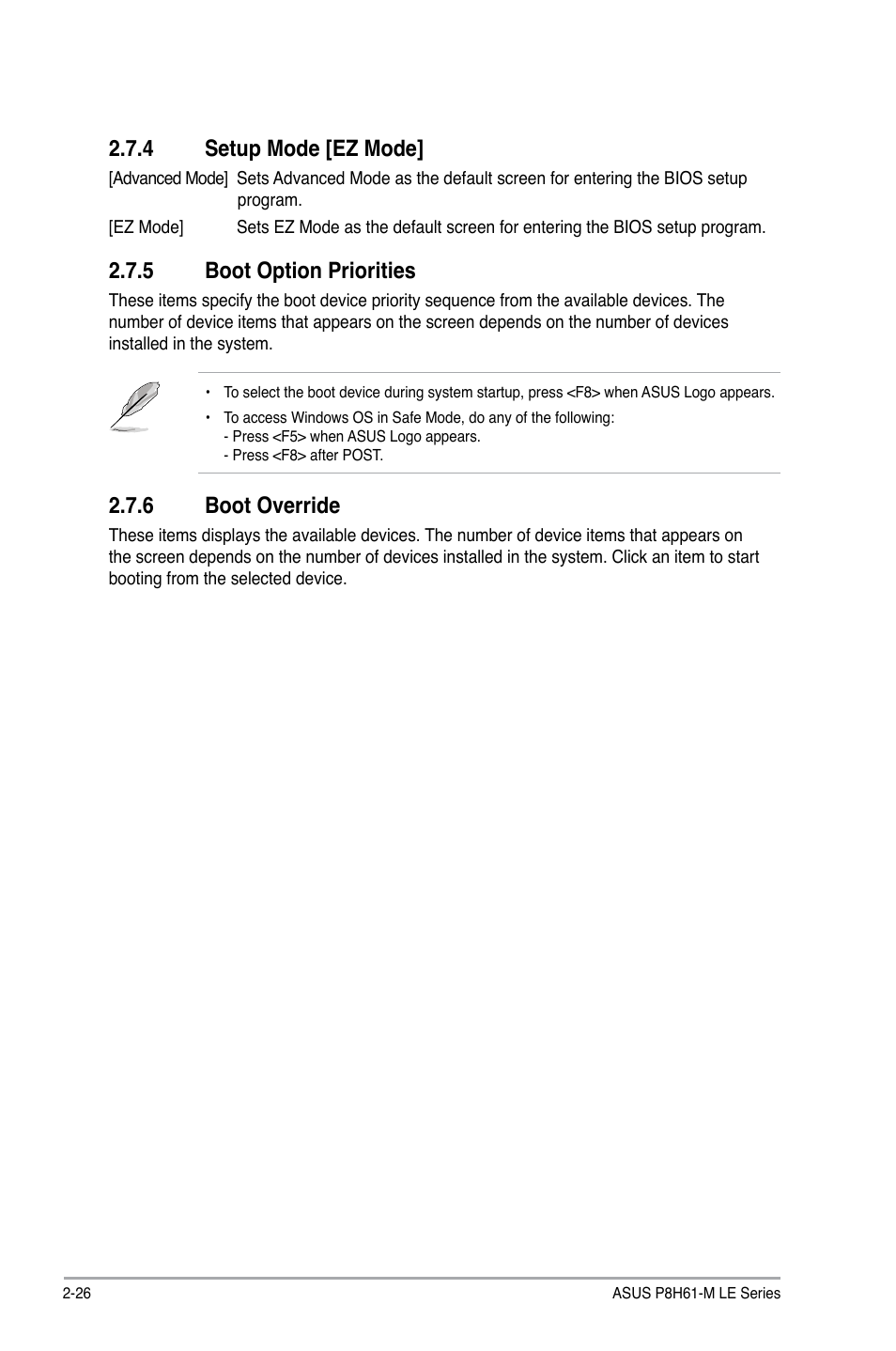 4 setup mode [ez mode, 5 boot option priorities, 6 boot override | Setup mode -26, Boot option priorities -26, Boot override -26 | Asus P8H61-M LE/USB3 User Manual | Page 64 / 68