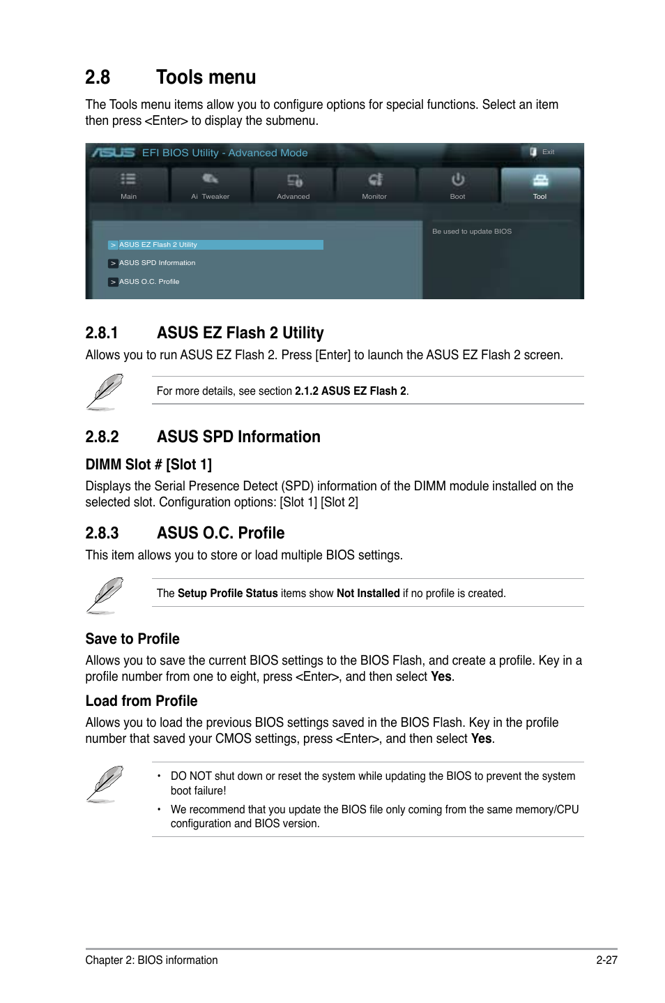 8 tools menu, 1 asus ez flash 2 utility, 2 asus spd information | 3 asus o.c. profile, Tools menu -27 2.8.1, Asus ez flash 2 utility -27, Asus spd information -27, Asus o.c. profile -27, Dimm slot # [slot 1, Save to profile | Asus P8H61-M LE/USB3 User Manual | Page 65 / 68