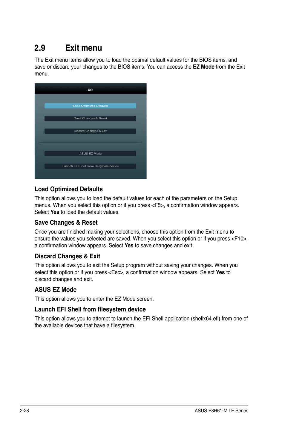 9 exit menu, Exit menu -28 | Asus P8H61-M LE/USB3 User Manual | Page 66 / 68
